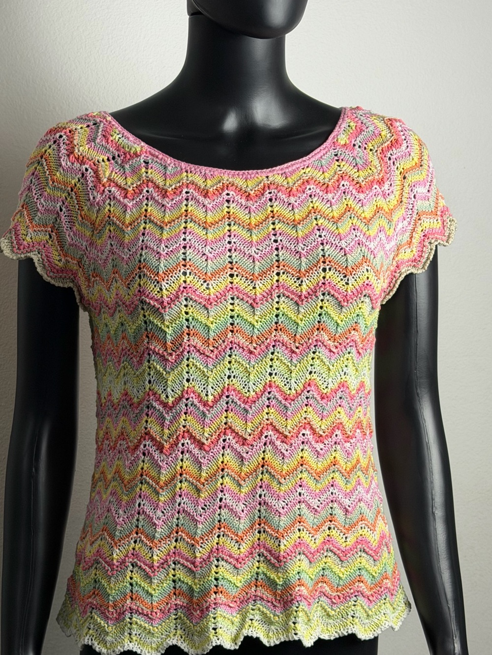 Sigrid Olsen Pastel Chevron Knit Top Medium Pink Multicolor Open Knit